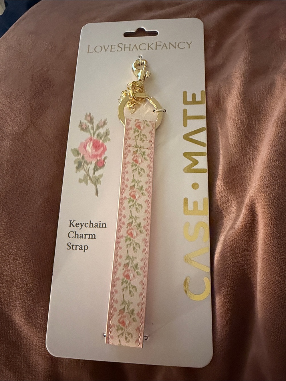 LoveShackFancy Pink Floral Keychain Strap with Gold Hardware